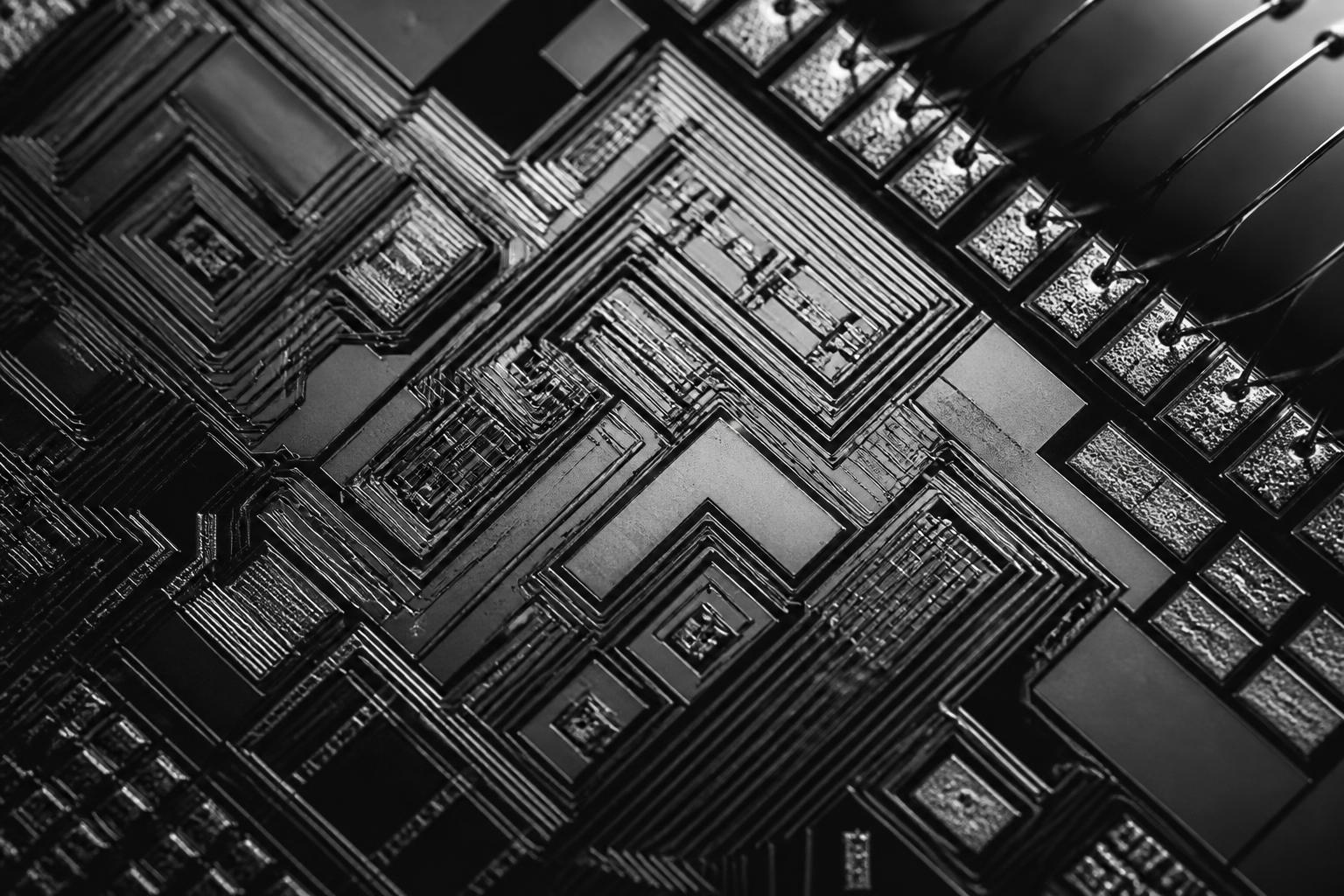 Close-up of a custom analog integrated circuit